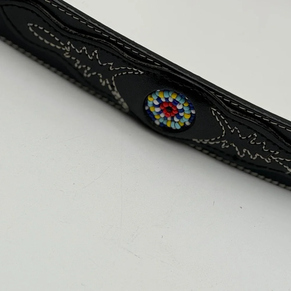 Vintage Western Black Leather Belt Beaded Medallions Silver Engraved Buckle 30